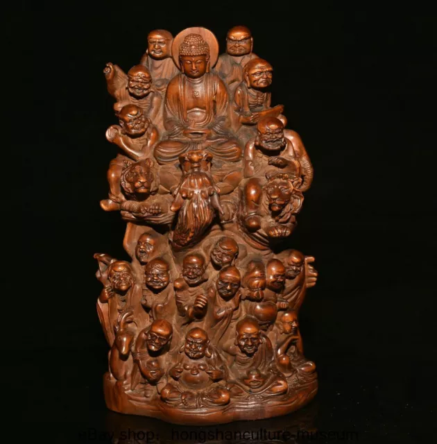 8 " Old Chinese Boxwood wood Carving Sakyamuni 18 Arhat Buddha Statue