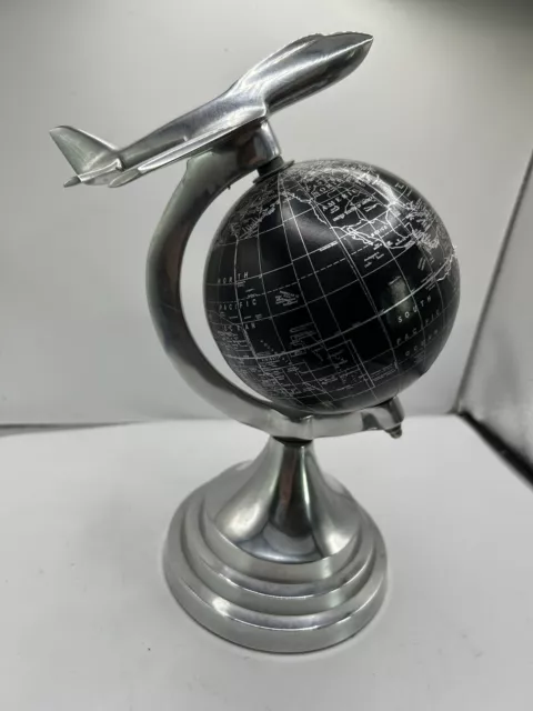 Vintage Art Deco Globe Aluminum Airplane Black World Map Bookend 10”  As Is