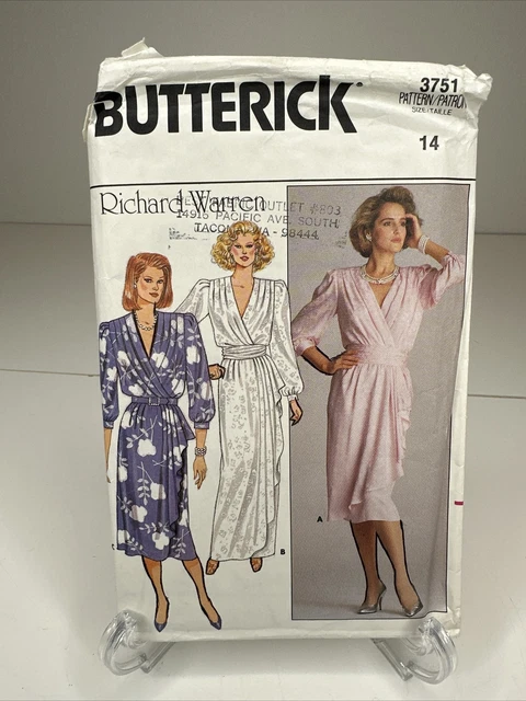 Sewing Pattern 1980s Butterick 3751 Richard Warren Misses Dresses Sz 14 uncut