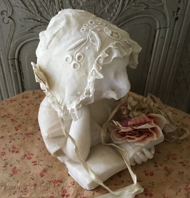 Splendido costume bambole ricamo francese antico berretto bambino cucito a mano