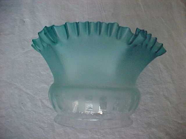 Victorian Blue Crimped Edge Etched Frosted Art Glass Gas Lamp Shades 5" Fitter