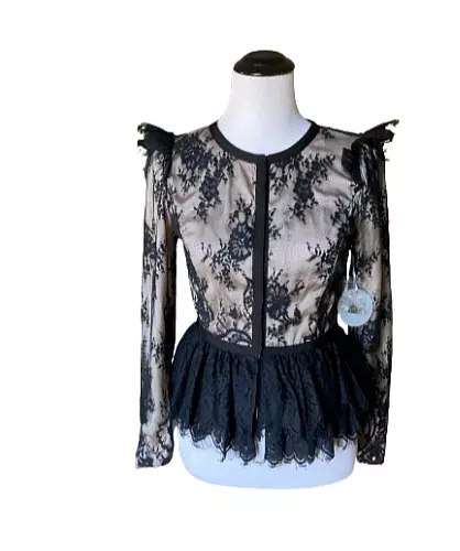 NWT Pearl Marchesa Georgina Chapman Lace Overlay Top Peplum Blouse Puff Sleeve 4