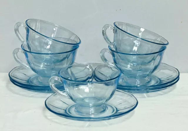 5 Fostoria FAIRFAX AZURE BLUE FOOTED CUPS & SAUCERS