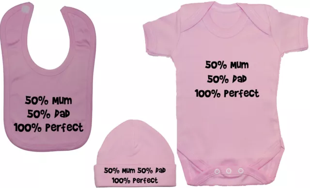 50% Mum 50% Dad Babygrow Bodysuit Romper, Vest, & Feeding Bib & Hat Cap 0-12mth