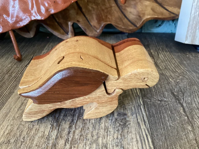 Hand Carved Wooden  Turtle Puzzle Box Jewelry Box Reptile Two Tone Wood Trinket