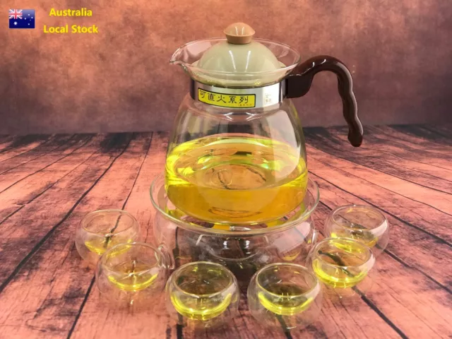 8 Piece Glass Tea Set 800ml Direct Fire Heatable Teapot + 1 Warmer + 6 Cups