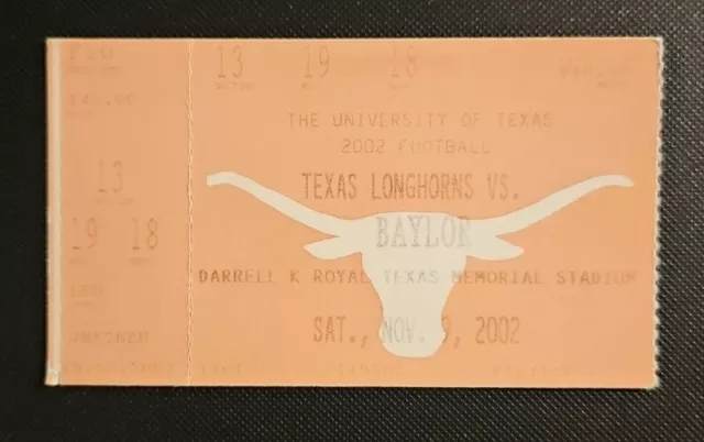 Texas Longhorns Baylor Bears Football Ticket Stub 11/9 2002 Chris Simms Williams