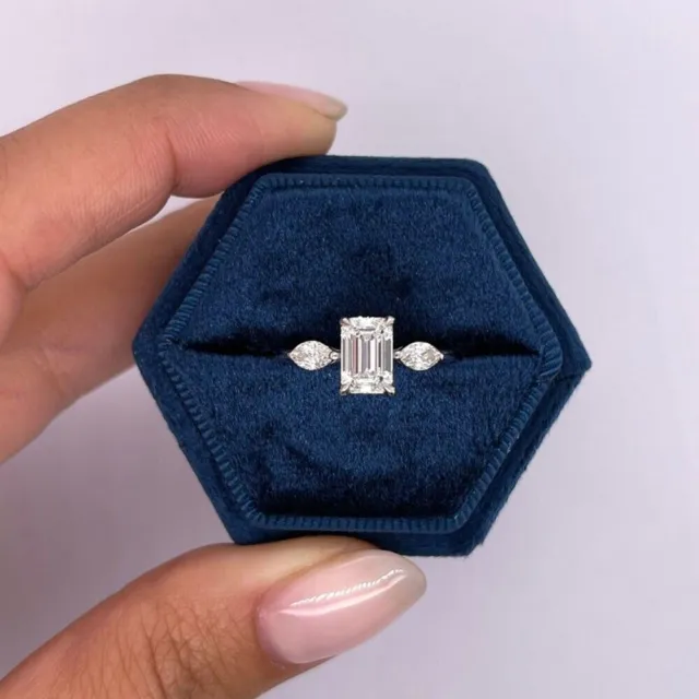 14K White Gold Moissanite Women Engagement Ring 1.30 Carat Emerald Cut Size 5 6