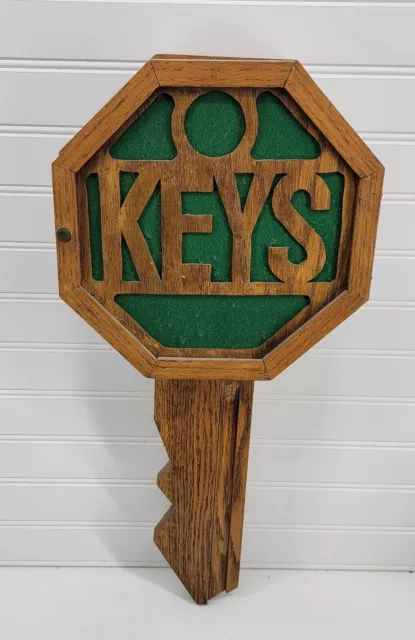 Wall Mounted Key Shaped Holder Cabinet Wooden Handmade Laser Cut 9 Hooks Vtg