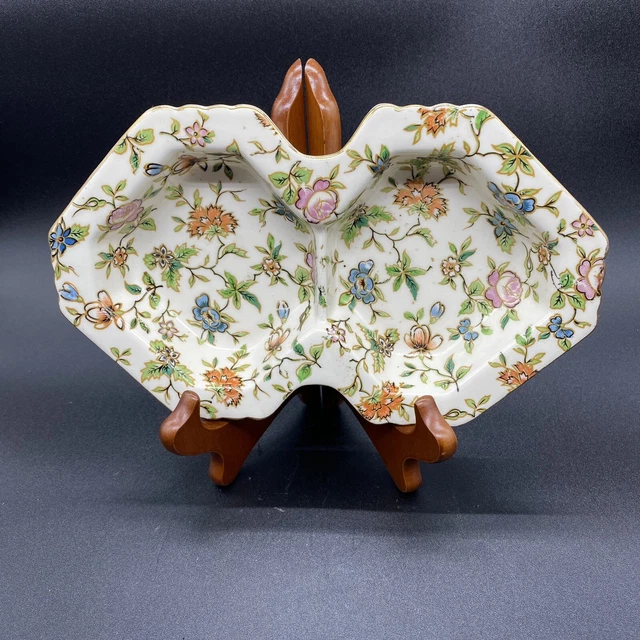 Chintz Divided Dish Moriyama Mori-Machi 2 Section Tidbit Tray Hand Painted Gold
