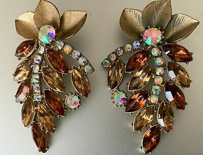 Huge Stunning Vintage French Designer Earrings - Two Tones Crystals - Flower 7cm
