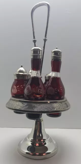 Antique 5 Bottle Silverplate Cranberry Inserts Castor Cruet Rogers Smith Meriden