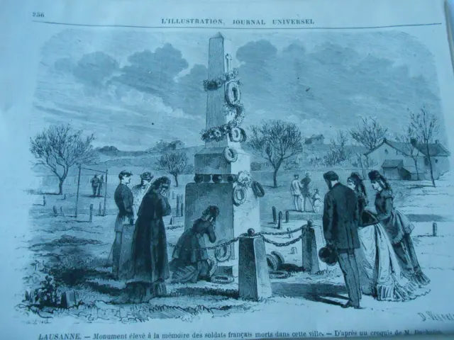 Gravure 1872 - Lausanne Monument élevé à la mémoire des soldats francais
