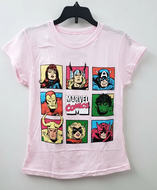 Marvel Comics Characters T-Shirt Pink Short Sleeve Girls Size L 14X20 NEW *V