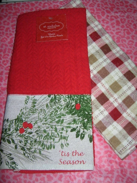 2 St. Nicholas Square Kitchen Dish Towels Christmas Mistletoe Tis the Season NWT