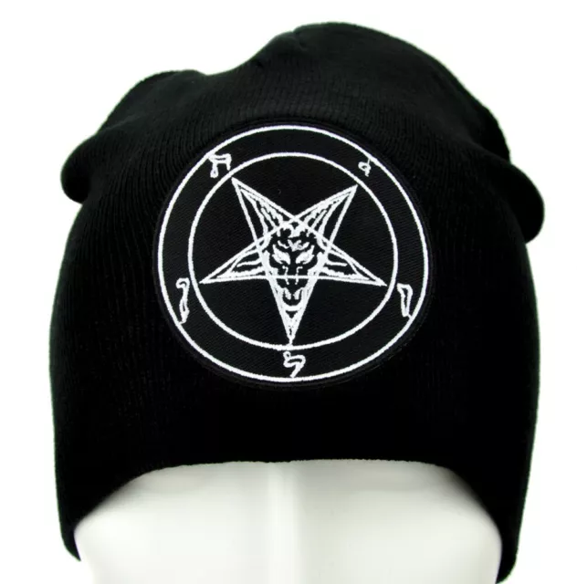 Black & White Baphomet Beanie Knit Cap Hat Inverted Pentagram Occult Metal Goat