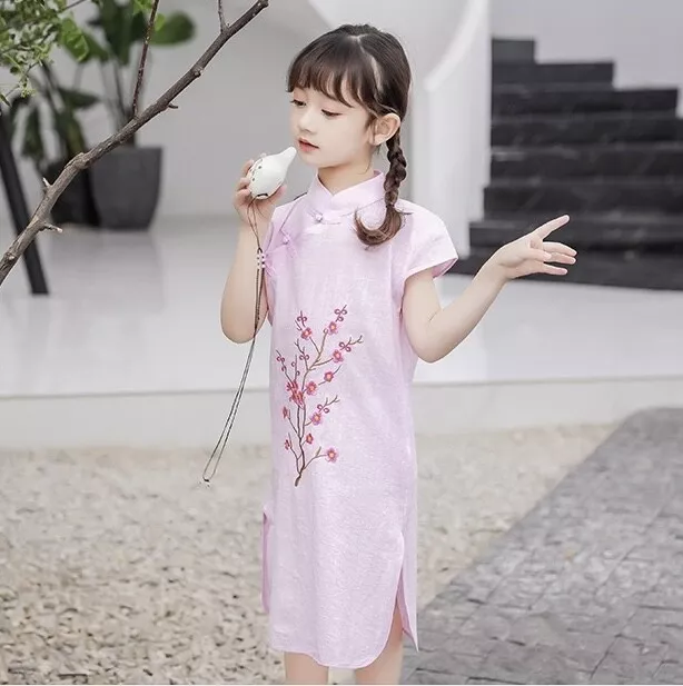 Cinese Ragazze Bambine Cina Rosa Fiore di Ciliegio Qipao Cheongsam Abito