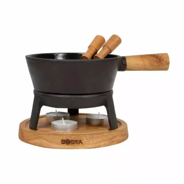 Boska Fondue-Set Pro S Käsefondue Fondue Edelstahl Gusseisen Eichenholz 700 ml