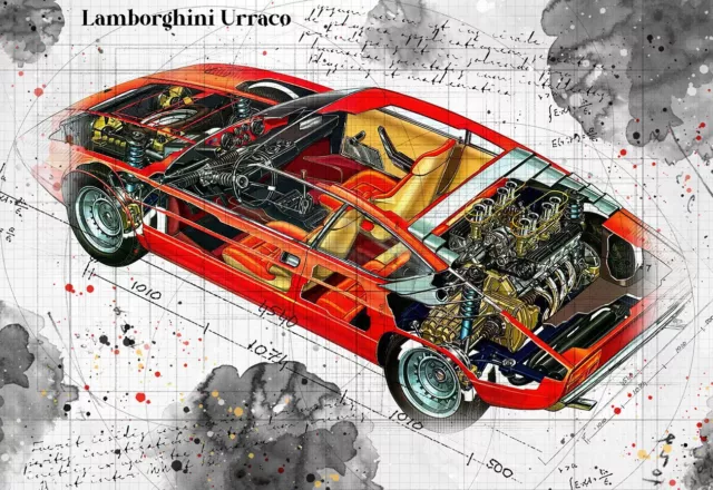 Line Tech Drawing  Lamborghini Urraco  Auto Car Classic Cutaway Art Poster Print