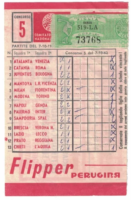 Schedina Totocalcio Coni pubblicità Perugina anno 1962/1963 n. 05