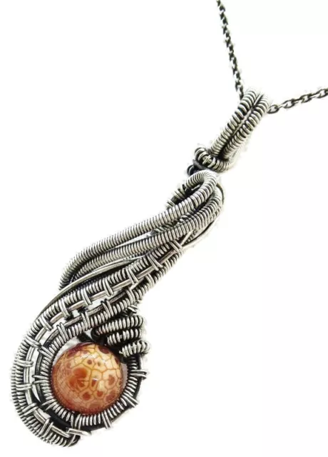 Crab Agate Pendant, Wire-Wrapped in Sterling Silver; "Comet" Model