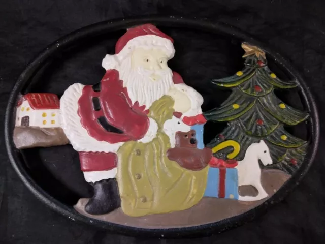 Vintage Cast Iron Painted Christmas Tree Santa Kitchen Hot Plate / Trivet