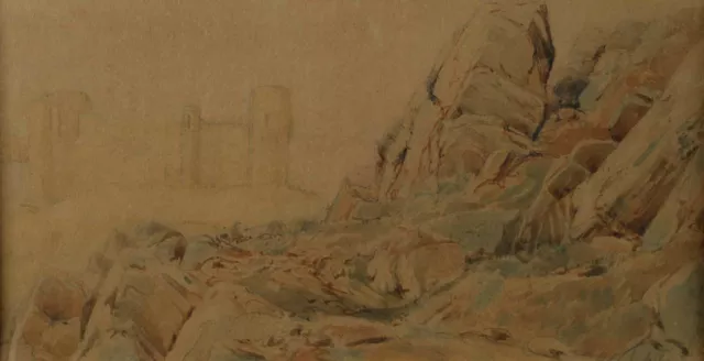 Carl Peter Burnitz 1824-1886 Acuarela Antiguo Ruina Castillo Rocas Paisaje
