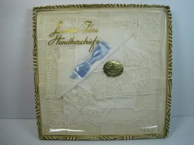 Vintage  Made In Switzerland 100% Cotton 3 Ladies Fine Handkerchiefs NEW