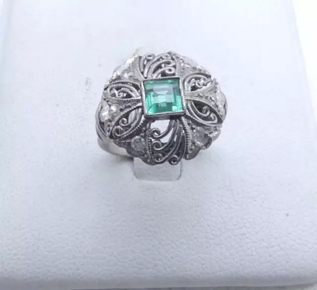 ANTIQUE ART DECO 14K White Gold Green Emerald & Diamond Ring Unique Vintage