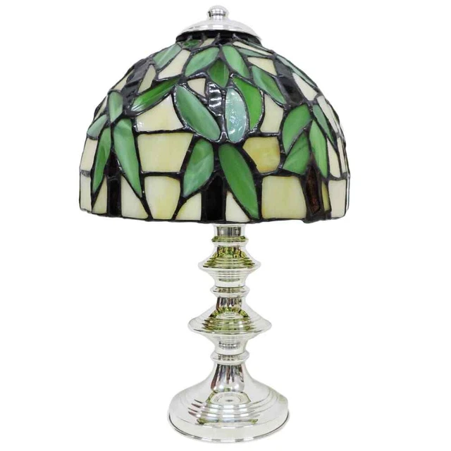 Lampada da Tavolo Stile Tiffany in Argento con Paralume in Vetro Decorato Verde