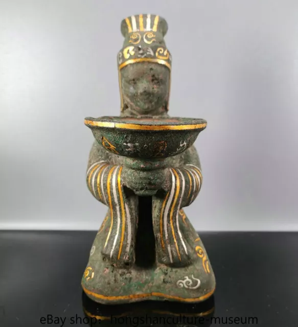 10" Ancient china Gilt bronze silver dynasty palace people man candle stick