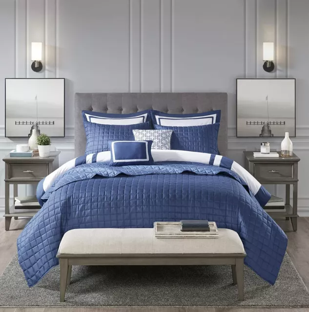Navy Blue White Hotel Color Block 8pc Comforter Coverlet Set Full Queen Cal King 2