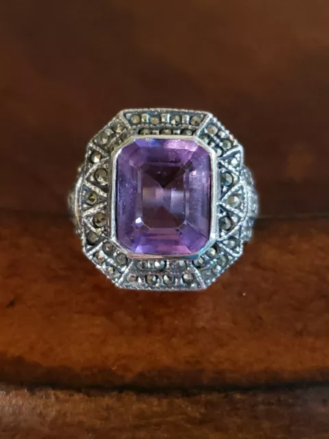 JUDITH JACK Sterling Silver AMETHYST & MARCASITE Ring, Size 6, Emerald-Cut