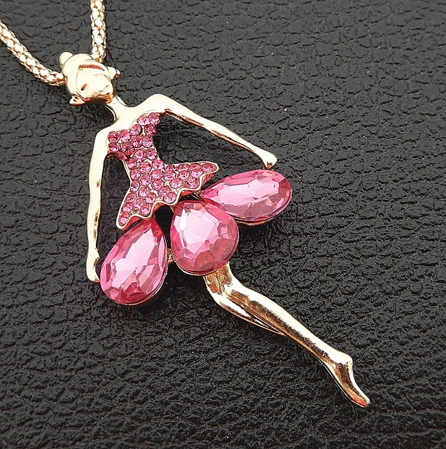 Betsey Johnson Pink Crystal Rhinestone Ballet Girl Pendant Sweater Necklace