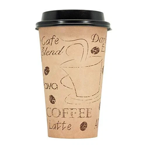 16 Ounce Disposable Paper Coffee Hot Cups with Black Lids - 50