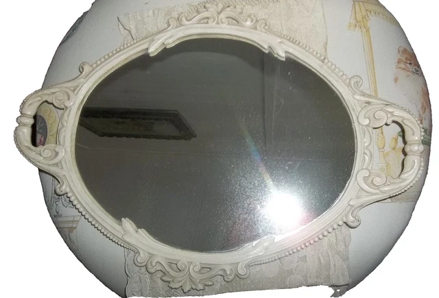 Vtg. Vanity Mirror Tray Ornate Victorian  white painted Cast Iron signed JM26