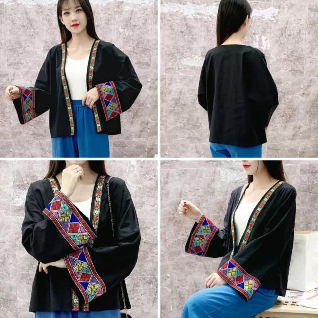 Donna Cotone Lino Ricamo Kimono Cappotto Giacca Fiori Cardigan Top Stile Etnico 2