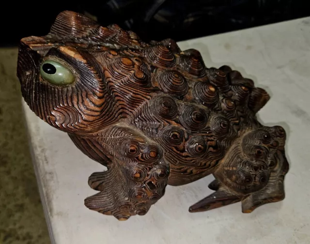Vintage Japanese Cryptomeria Frog Hand Carved Cedar Wooden Toad