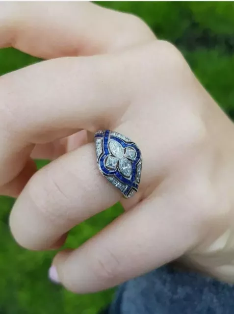 Art Deco Style Old Mine Cut & Blue Sapphire Lab Created Diamond 925 Silver Ring