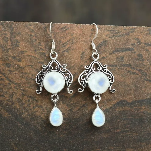 Rainbow Moonstone Filigree Earrings, 925 Sterling Silver Dangle Drop Earrings