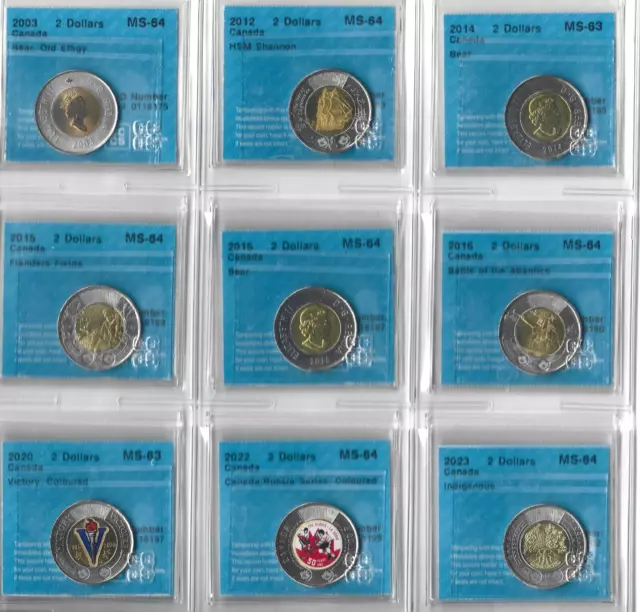 Canada - A Collection of 9 Very Choice BU 3rd Party Graded Toonies - No Reserve!