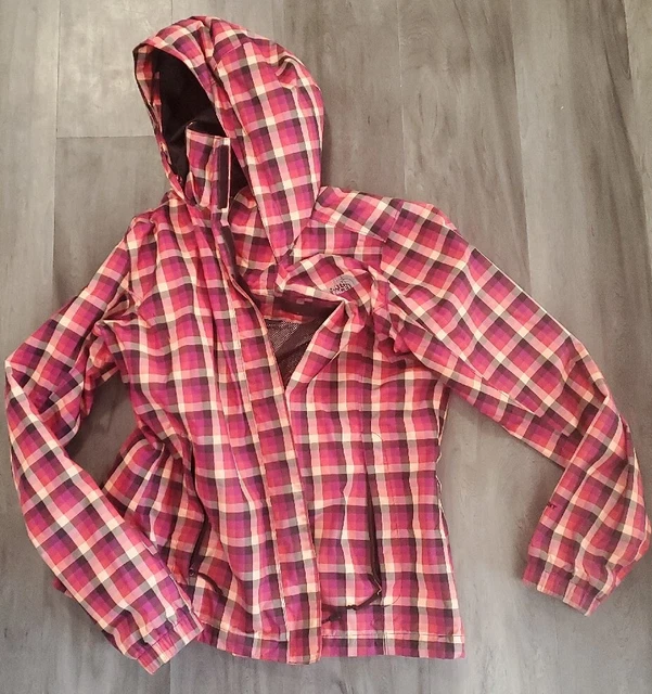 North Face Jacket Womens Medium Pink/ Salmon Pink Plaid Rain Coat Hooded HyVent