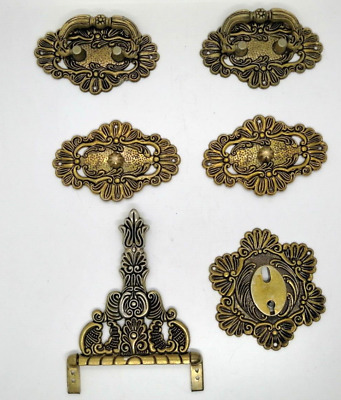 Vintage 6 Brass Metal Ornate Knobs Pulls Handles door KIT from old chest trunk