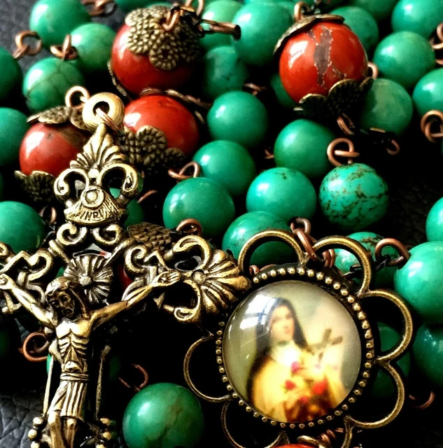 Red Carnelian Beads & Howlite Catholic Rosary Antiqued Bronze Crucifix Necklace 2