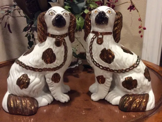 LRG Pair 9" Staffordshire Copper Luster King Charles Spaniel Dogs 19th Century