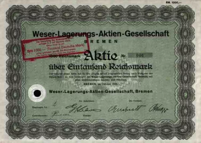 Weser Lagerungs AG 1928 Bremen Freihafen Kühne 1000 RM - DM Umstellung 1950