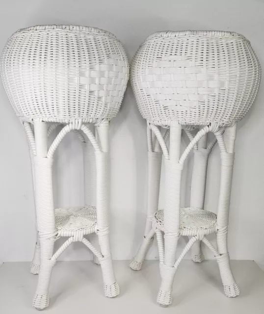 Vintage Pair Of All-Weather Wicker Plant Holder Stands, 2-Tier