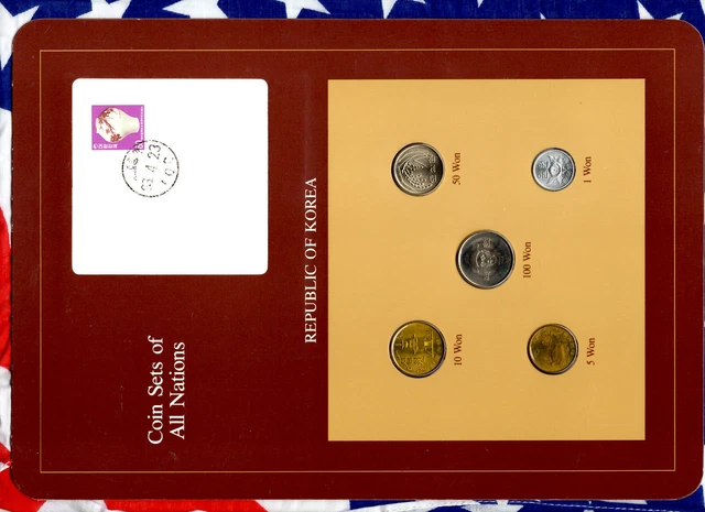 Coin Sets of All Nations Korea w/card 1971- 1983 UNC 50,100 won 1983 5 Won 1971