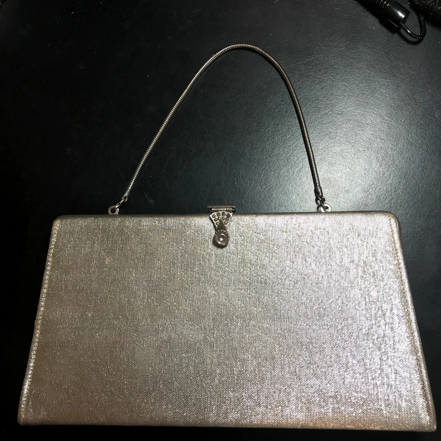 Vintage 60s rulo Argent Sac à Main Petit Décoratif Fermoir Métal Corde Poignée