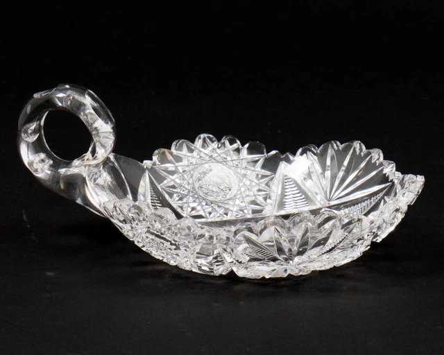 Vintage American Brilliant Period ABP Cut Glass Nappy Dish w. Handle 5" x 6.5"
